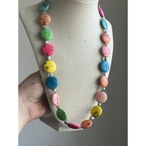 Dyed Round Howlite Beaded Necklace Rainbow Pink Yellow Faceted Glass 20”